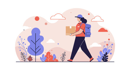 A delivery person, wearing a backpack and cap, strolls through a park carrying a cardboard box, delivering packages in a tranquil outdoor setting.