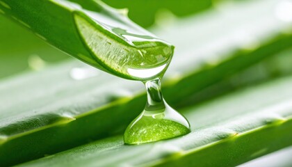 Fototapeta premium Close-up of Aloe Vera leaf with gel droplet, showcasing natural beauty in a vibrant green setting