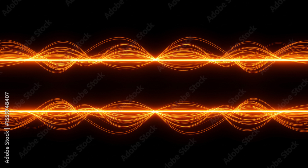Poster Two horizontal orange light wave patterns against a dark black background symmetrical design