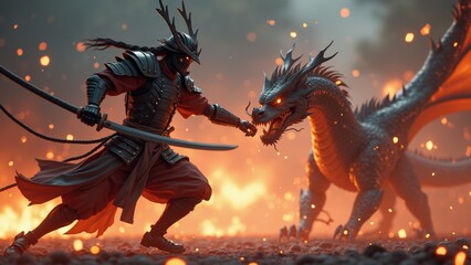 A fierce battle unfolds in this 3D animation still, featuring a robotic samurai clashing against a dragon composed of pure energy, set against a backdrop of sparks, detailed textures, and dramatic per