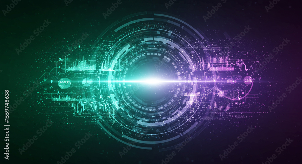 Poster Abstract technology background with glowing circle and data visualizations present in the image
