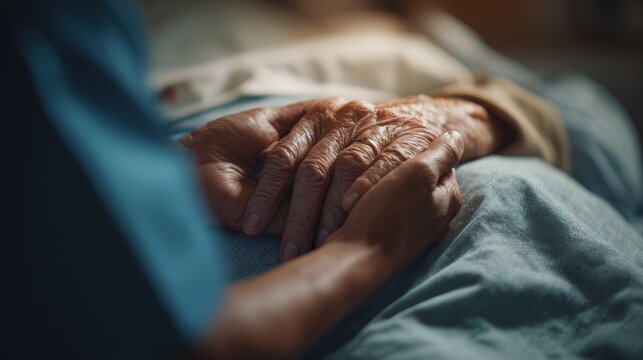Compassionate hand holding offers comfort and support to an elderly patient receiving healthcare and end of life care.