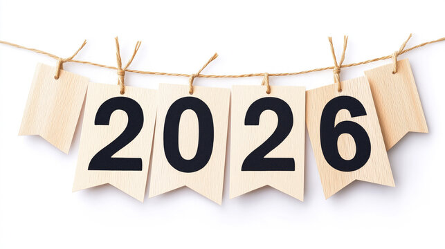 Wooden 2026 banner hanging on twine for festive new year celebration