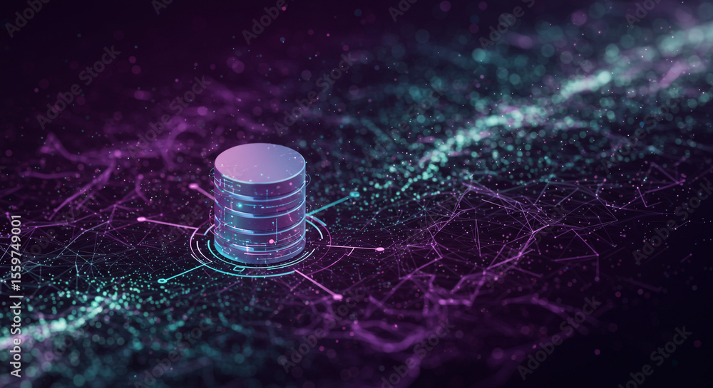 Poster a futuristic database server with neon connections on a dark abstract network background design