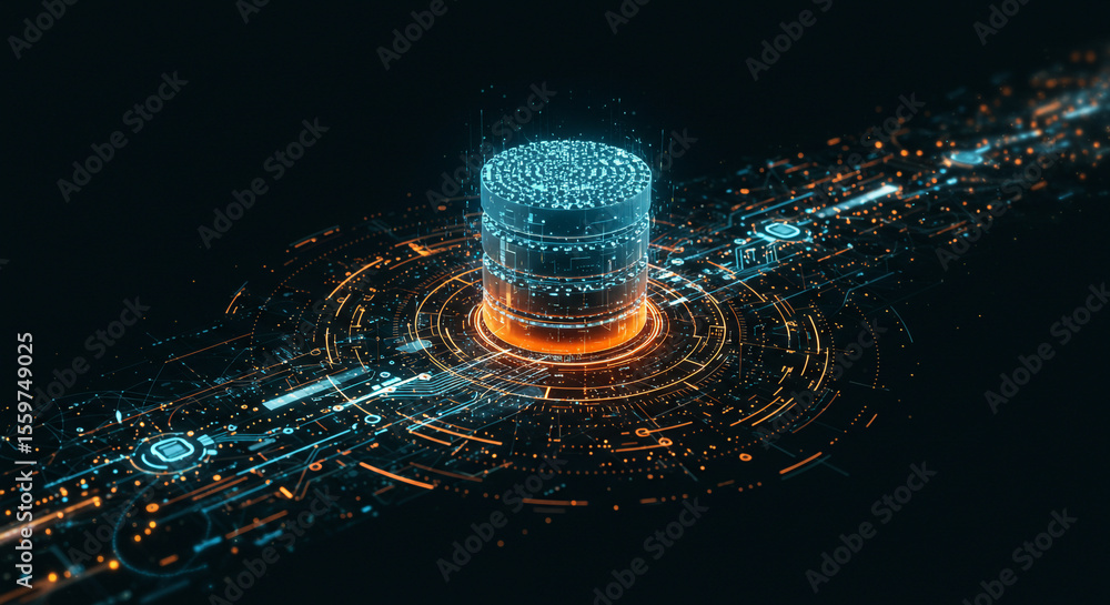 Aufkleber glowing data tower surrounded by intricate digital circuitry on a dark background