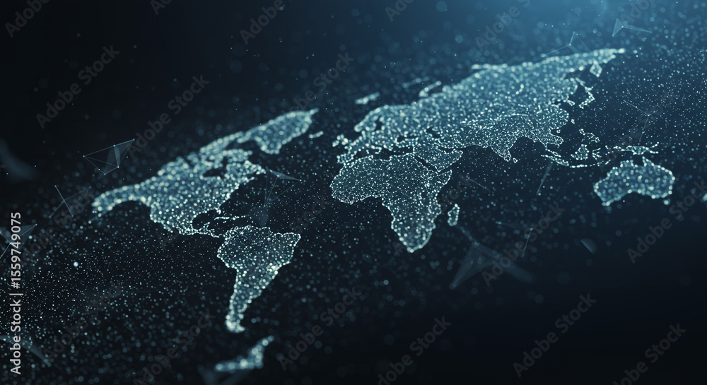 Aufkleber a digital world map made of connected dots and lines on a dark blue background with light effects