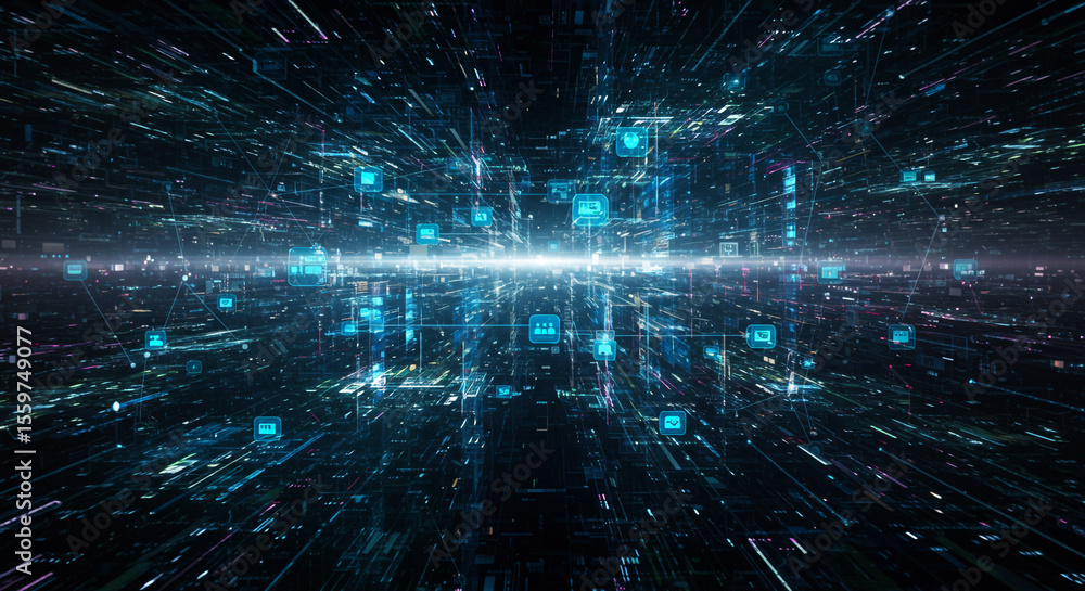 Poster abstract digital network with glowing lines and icons representing data and connectivity