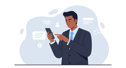 a man in a suit using a smartphone, with various icons and text bubbles in the background. Suitable for landing page, banner, marketing, web design, presentation, infographic, etc.