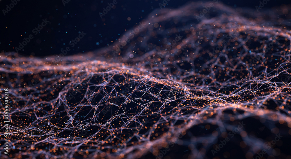 Poster Abstract network of interconnected lines and dots on a dark background with depth of field effect