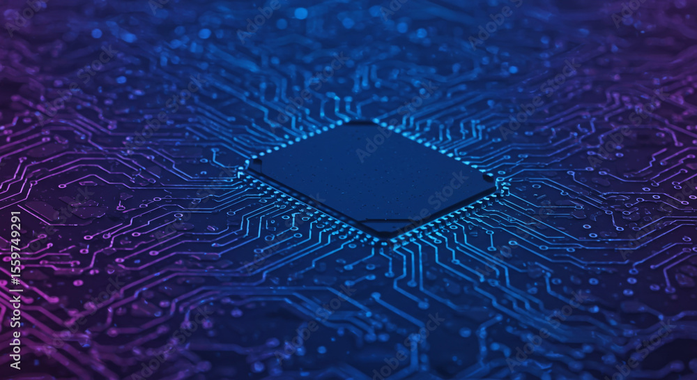 Poster close up of a blue computer chip with intricate circuit patterns on a dark background technology con