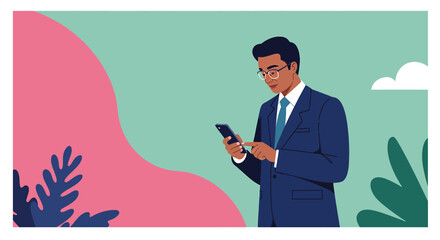 a man in a suit is looking at his phone
