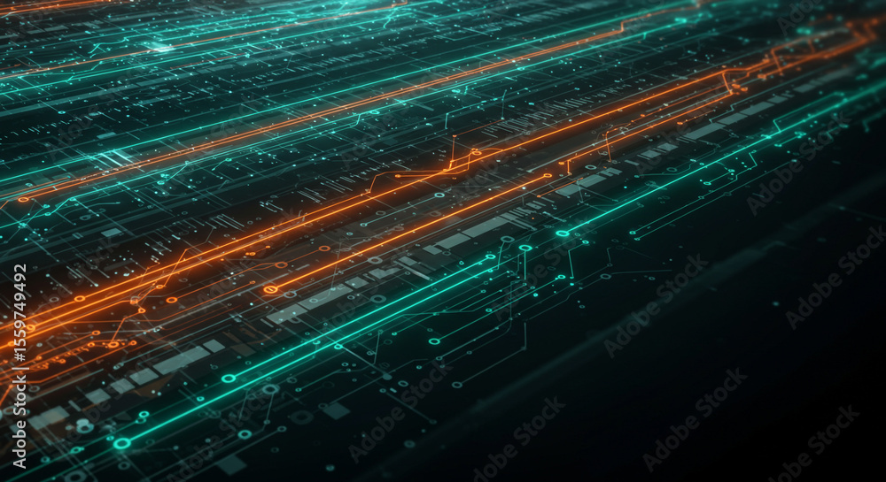 Poster abstract technology background with glowing lines and circuit board patterns in teal and orange