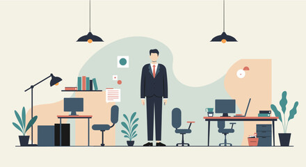 a man in a suit standing in an office setting, surrounded by various office furniture and decor. Suitable for landing page, banner, marketing, web design, presentation, infographic, etc.