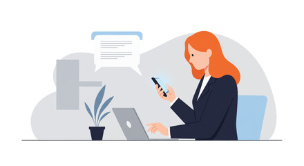 a woman sitting at a desk with a laptop and a phone