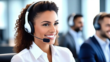 Woman with headphones microphone professional telemarketer
