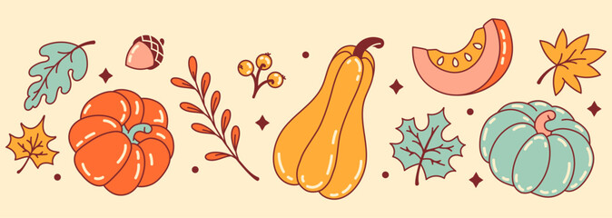 Playful autumn clip art set featuring pumpkins, gourds, leaves, and acorns, perfect for festive fall designs
