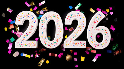 2026 celebration with colorful confetti and festive sprinkles on black background