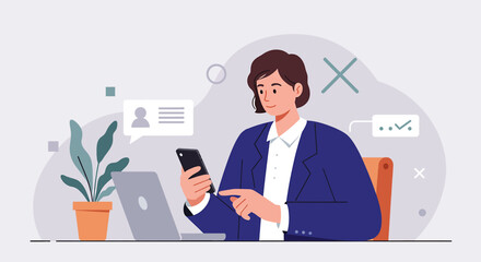 a woman in a business suit seated at a desk, focused on her smartphone. Suitable for landing page, banner, marketing, web design, presentation, infographic, etc.