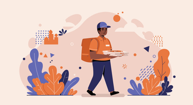 Friendly delivery man in uniform carries food order in thermal bag while walking, delivering hot meals to customers, fast and reliable service concept illustration. - Powered by Adobe