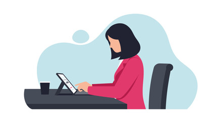 a woman seated at a desk, engrossed in work on a tablet, with a cup of coffee beside her. Suitable for landing page, banner, marketing, web design, presentation, infographic, etc.
