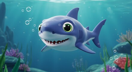 Obraz premium Adorable Cartoon Shark Underwater Adventure in a Vibrant Ocean Scene