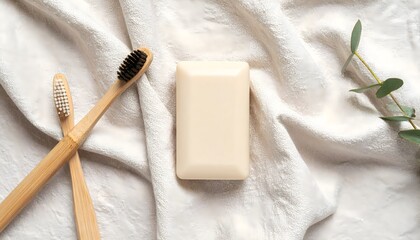 Flat lay of organic cosmetic soap with bamboo toothbrush on linen fabric background 