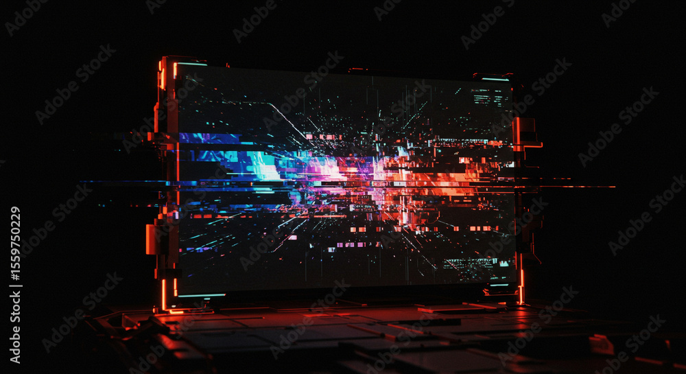 Poster Abstract digital cube with glowing edges and colorful data streams in a dark environment