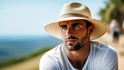 Portrait man male guy straw hat vacation summer closeup travel