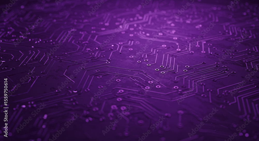 Poster a close up view of a purple circuit board with intricate lines and small circular components visible