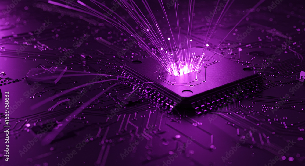 Poster a close up of a circuit board with purple light emanating from the central component area of the boa