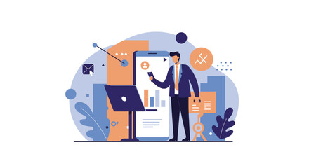 a man in a suit standing next to a phone