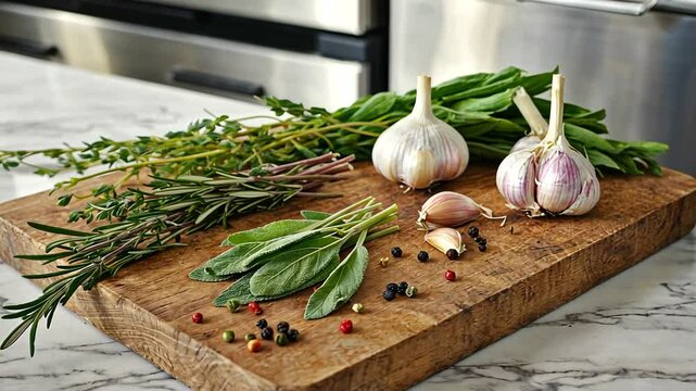 Fresh herbs and garlic arranged on a wooden cutting board in a modern kitchen setting