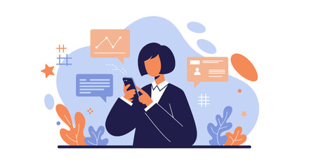 a woman engrossed in her smartphone, surrounded by various icons and graphics. Suitable for landing page, banner, marketing, web design, presentation, infographic, etc.
