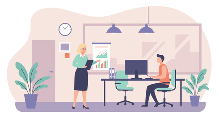 A businesswoman discusses a project with a male colleague in a modern, minimalist office setting, showcasing collaboration and teamwork in a professional business environment.