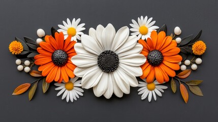 Fototapeta premium Autumnal Orange and White Paper Flower Arrangement on Dark Gray