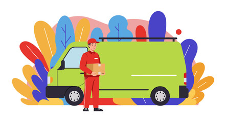 Happy delivery man in red uniform holding a cardboard box next to his green van, ready for delivery, on a colorful background with abstract shapes.