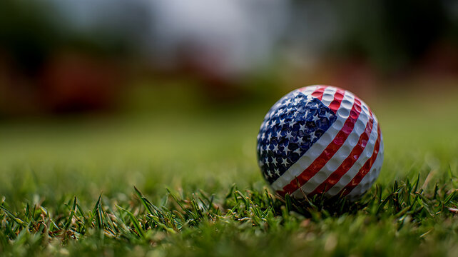 Golf ball displaying american flag design resting on lush green golf course grass