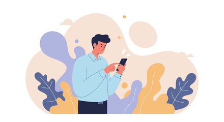 a man standing amidst stylized plants and clouds, engrossed in his smartphone. Suitable for landing page, banner, marketing, web design, presentation, infographic, etc.