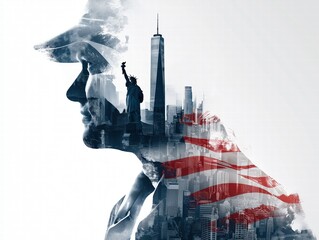 Modern Independence Day Poster: Abstract Flag Stripe Background, Iconic Skyline Silhouettes, Military Triangle with Dog Tags/Cap/Tattoos Vector Design