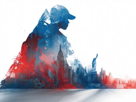 Modern Independence Day Poster: Abstract Flag Stripe Background, Iconic Skyline Silhouettes, Military Triangle with Dog Tags/Cap/Tattoos Vector Design