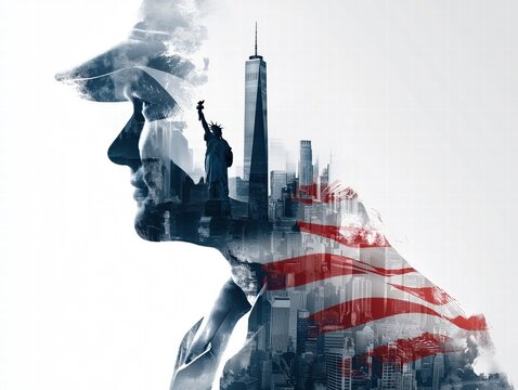 Modern Independence Day Poster: Abstract Flag Stripe Background, Iconic Skyline Silhouettes, Military Triangle with Dog Tags/Cap/Tattoos Vector Design