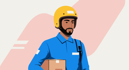 a delivery person wearing a blue uniform and a yellow helmet, standing against a pink and white background. Suitable for landing page, banner, marketing, web design, presentation, infographic, etc.