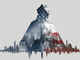 Modern Independence Day Poster: Abstract Flag Stripe Background, Iconic Skyline Silhouettes, Military Triangle with Dog Tags/Cap/Tattoos Vector Design