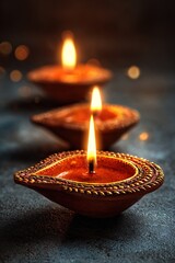 Clay diya lamps lit during diwali celebration. Greetings Card Design Indian Hindu Light Festival called Diwali. High quality