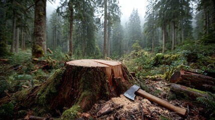 Felled spruce tree and stump with forestry tools including chainsaw and axe, in an evergreen forest emphasizing sustainable forestry and environmental conservation.