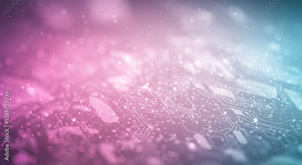 Poster Abstract background with circuit board pattern in pink and blue gradient with bokeh effect