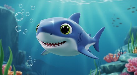 Obraz premium Adorable Cartoon Shark Underwater Adventure in Vibrant Ocean World