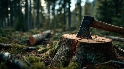 Felled spruce tree and stump with forestry tools including chainsaw and axe, in an evergreen forest emphasizing sustainable forestry and environmental conservation.