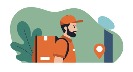 A young delivery man in a blue jacket and red cap carries a large red box while speaking on his phone, set against a light blue background with abstract shapes.