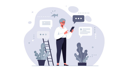 a man standing on a ladder and looking at his phone